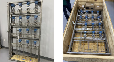 Pictured: Completed transmitter stand assembly, crated for shipment.