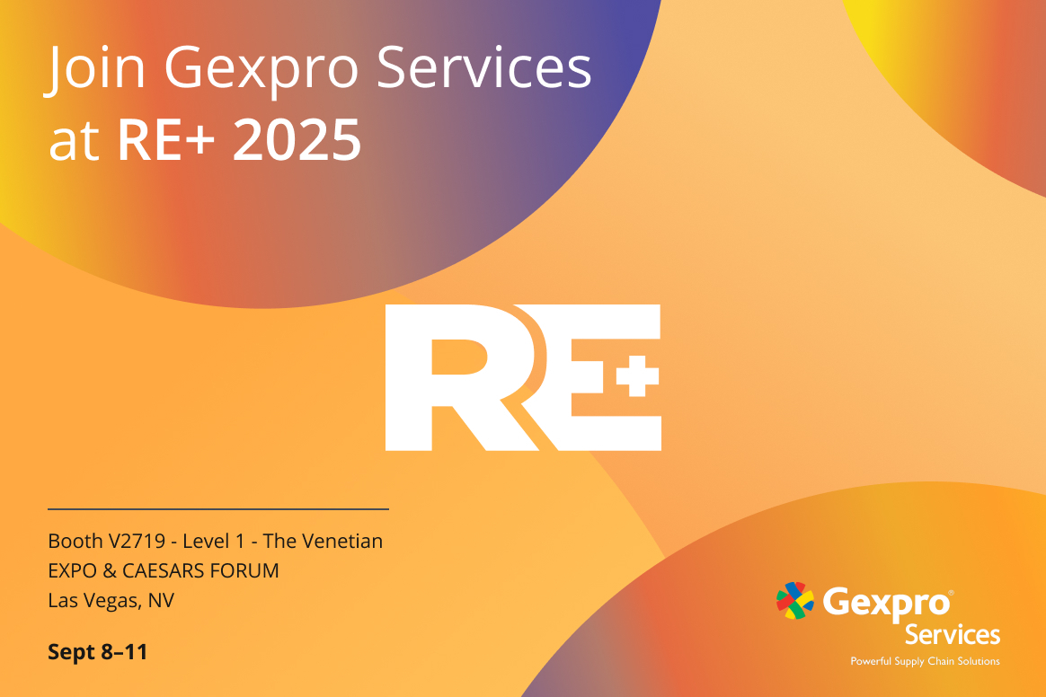 Gexpro Services at RE+ 2025 Las Vegas — event announcement with RE+ 25 and Gexpro Services logos