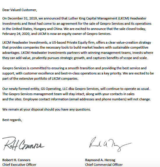 Letter detailing Sale of Gexpro Services to LKCM